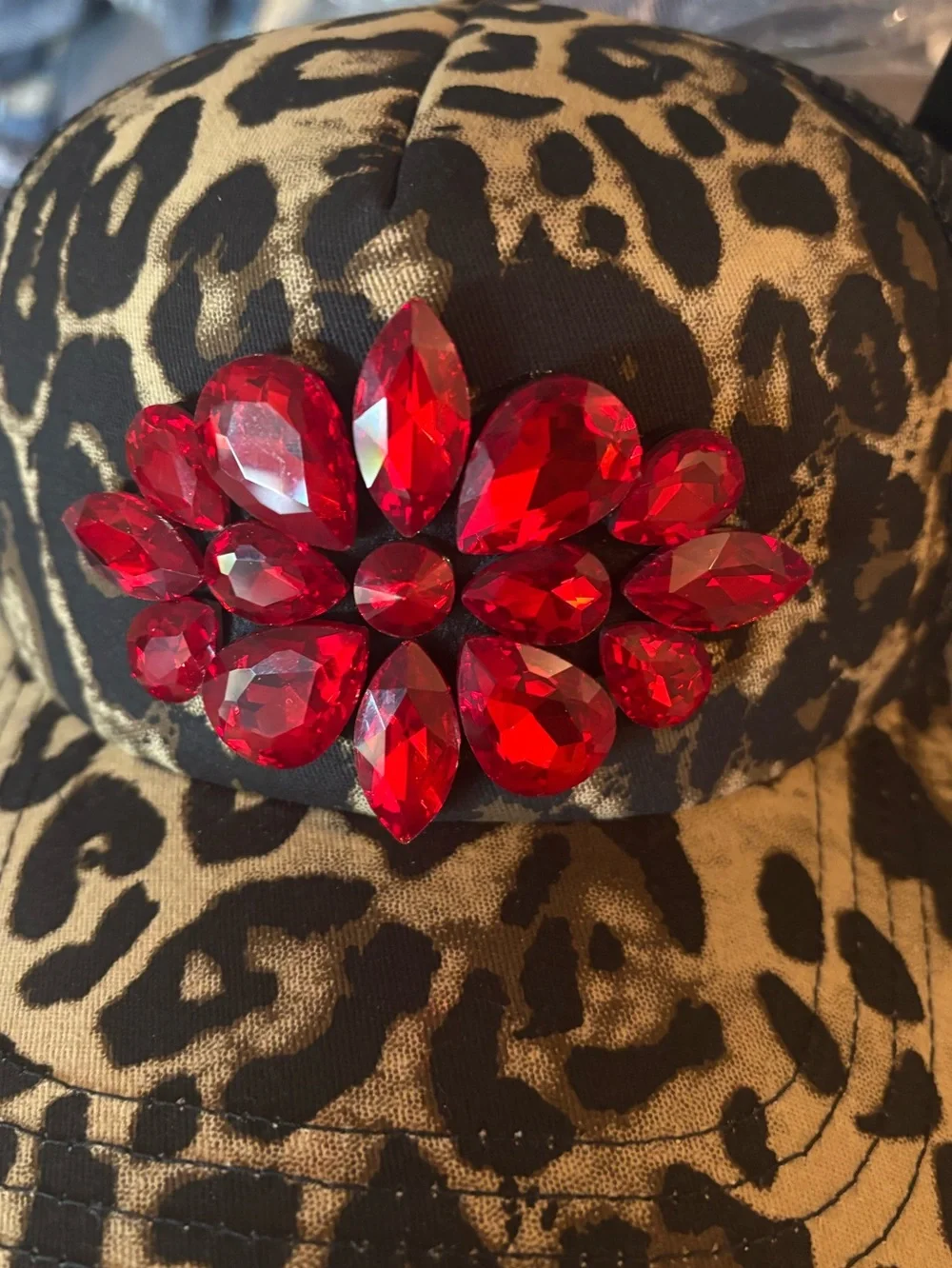 Leopard Print Mesh Trucker Cap with Red Gem Statement Flower